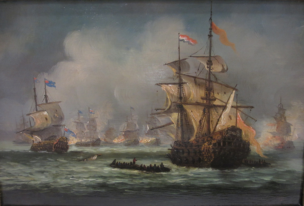 Een zeeslag in de 17e eeuw, olievef op doek door  J. Heemskerck van Beest.