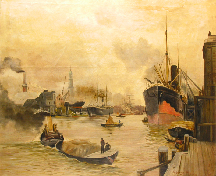 Haven in Hamburg, olieverf op doek door Willy Gegeberg, begin 20e eeuw.