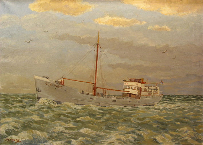 Olieverfschilderij van kustvaarder 'Quo-Vadis', door H.J.Melgers ca 1950.