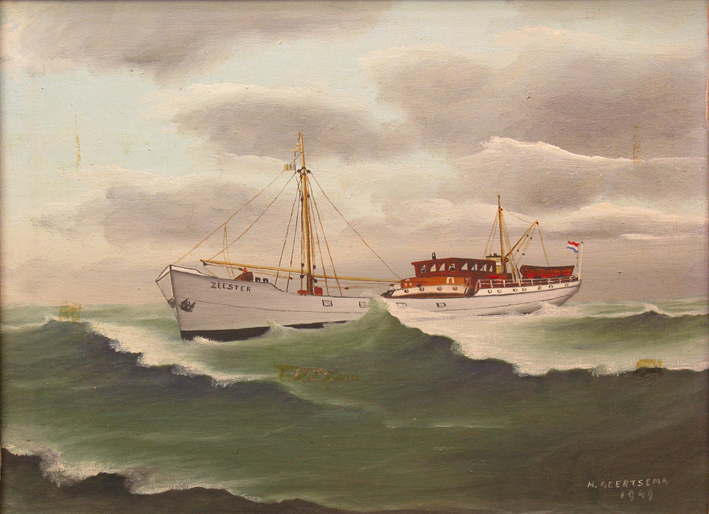 De kustvaarder 'Zeester' op weg naar loodsstation, olieverf op doek door H. Geertsema, 1949.