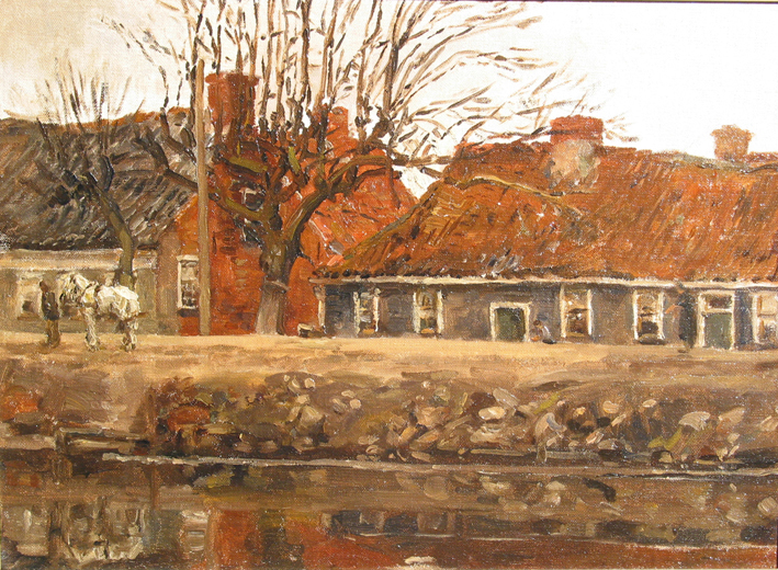 Jaagpad langs Winschoterdiep, olieverf op hardboard door F.H. Bach.