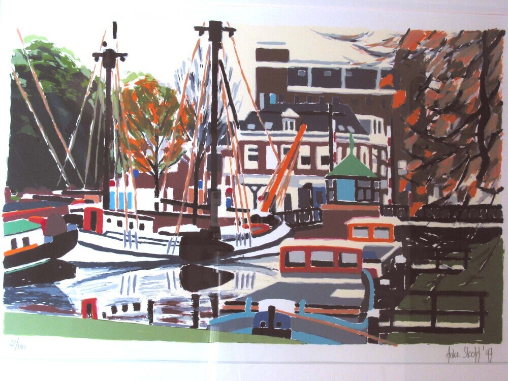 Koftjalk "Voorwaarts Voorwaarts" bij museumbrug, zeefdruk door Anke Sloof, 1997