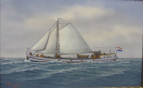 Scheepsportret van de motor-zeilkustvaarder Excelsior op volle zee, olieverf op doek door C. Meulande, 1936