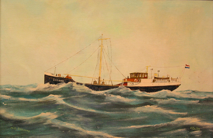 Scheepsportret van de kustvaarder 'Zeehond', olieverf op doek door Klaas Koster, 2e helft 20e eeuw.
