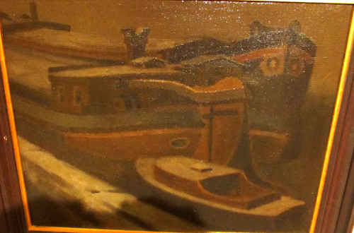 Steilsteven en boltjalk met opduwer, olieverf op doek door M. Klompien, 1950.