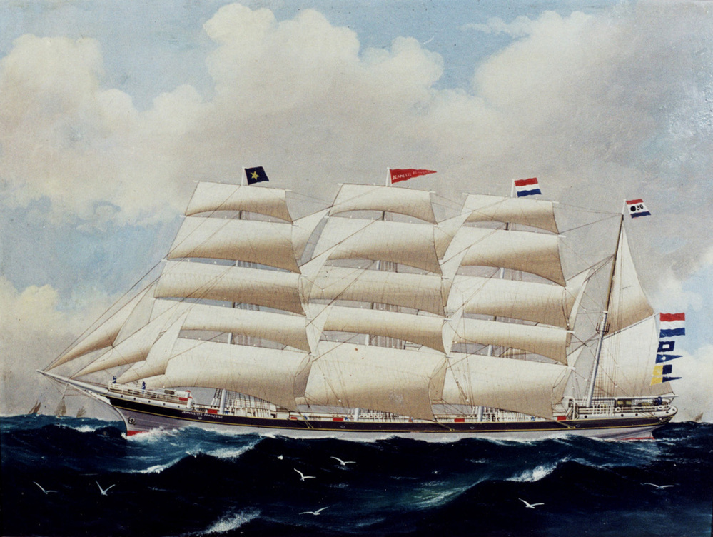 Scheepsportret van de viermastbark 'Jeannette Francoise', olieverf op doek door Arthur Victor Gregory, ca. 1897.