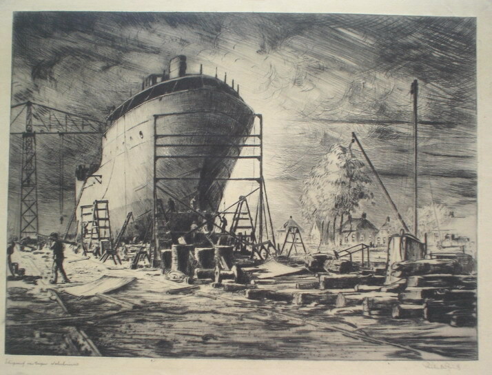 De scheepswerf Waterhuizen, ets door Riekele Prins, circa 1950-2000