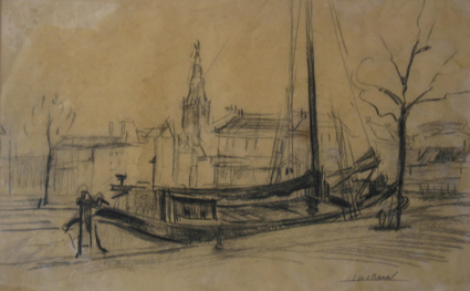 Tekening van een afgemeerde tjalk door J.L. van der Baan, 2e helft 20ste eeuw