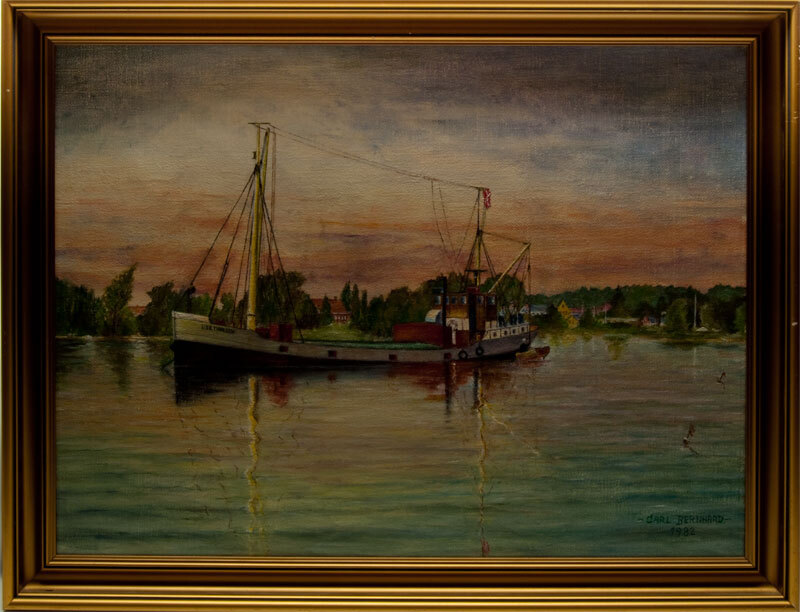 Kustvaarder 'Lise Thuesen' ten anker in Deense wateren, olieverf op doek door Carl Bernhard, 1982.