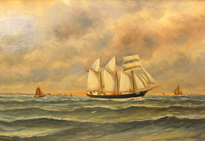 3-masttopzeilschoener 'Prima', Kapitein J.R. Boerma, olieverf op doek door H.A. Jaarsma, 1916.