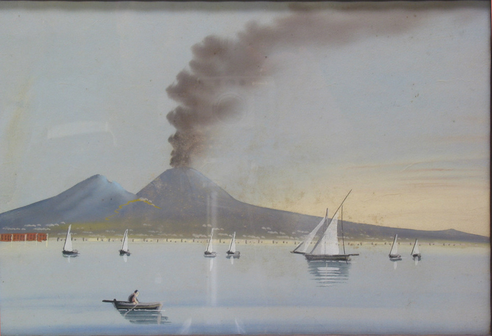 De Vesuvius bij dag met zeilbootjes, anonieme Italiaanse aquarel