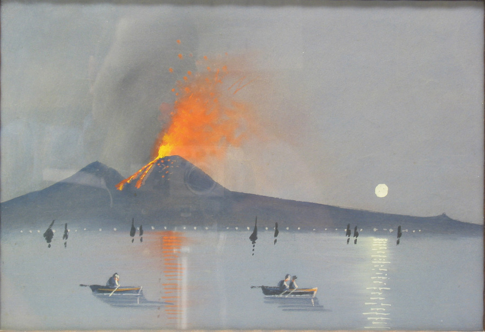 De Vesuvius bij nacht met zeilbootjes, anonieme Italiaanse aquarel