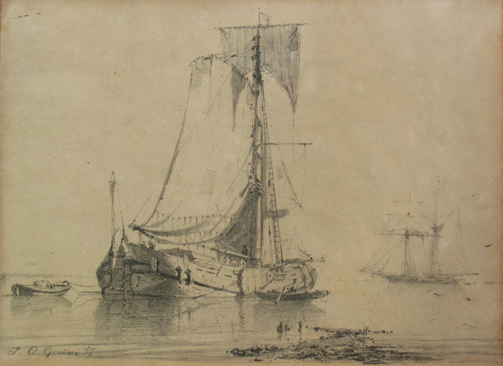 Een hek- of statietjalk nabij de kust, litho door J.C. Greive, circa 1850