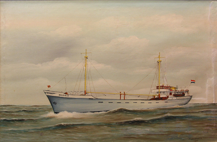 De coaster 'Nigeria', olieverf op doek door H. Geertsema, 1951.