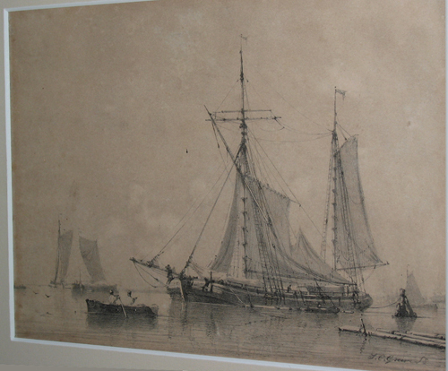 Havengezicht met kofschip, litho door J.C. Greive, ca. 1870