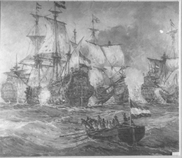 Fregat van vice admiraal Koenders tijdens de Vierdaagse Zeeslag in 1666, olieverf op doek.