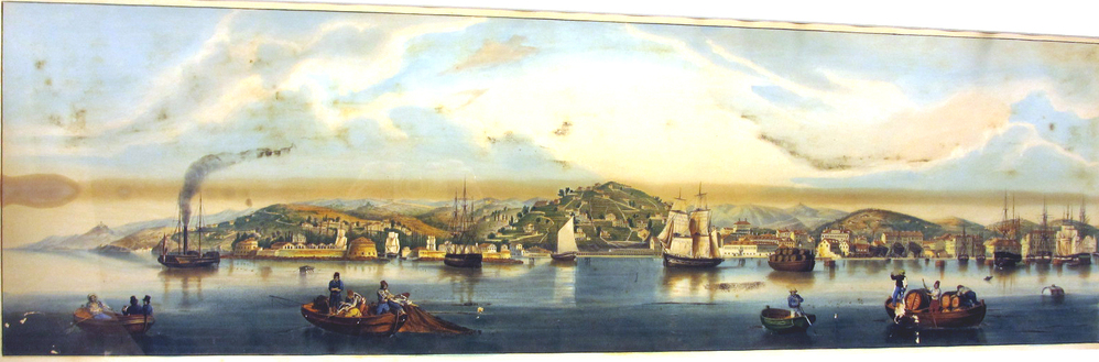 Havengezicht op Trieste, lithografie, tweede helft negentiende eeuw