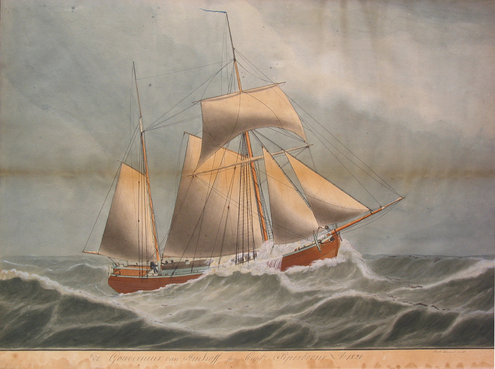 Scheepsportret van het kofschip Gouverneur van Imhoff, kapitein G.H. Peperboom van Delfzijl, aquarel door J. Petersen, 1826