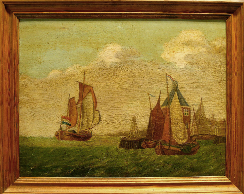 Schepen in de haven van Hoorn, olieverf op paneel door D.D. Petit, ca. 1850.