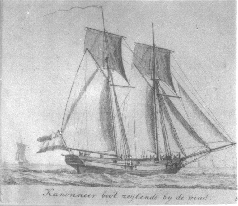 "Kanonneerboot zeylende by de wind", kopergravure door Gerrit Groenewegen, 1779