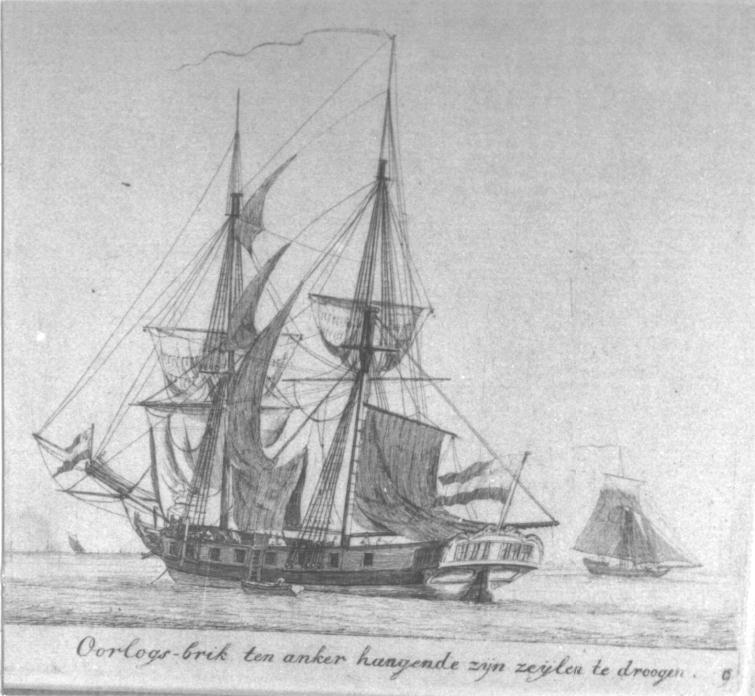 "Oorlogs-brik ten anker hangende zijn zijlen te droogen", kopergravure door Gerrit Groenewegen