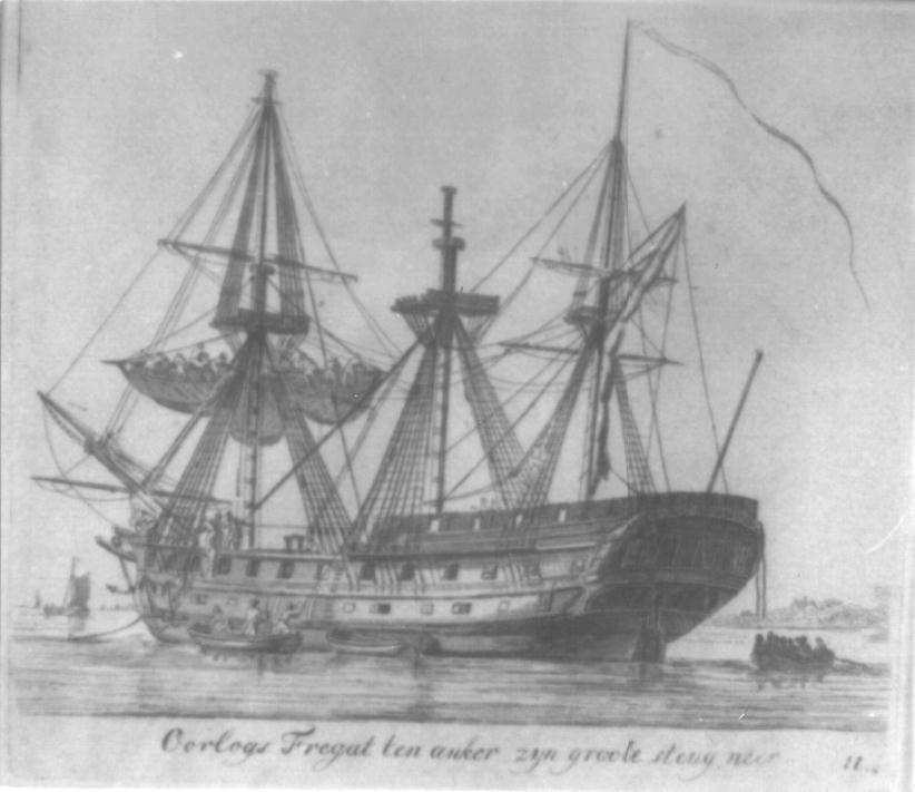 "Oorlogsfregat ten anker zijn groote steng neer" kopergravure door Gerrit Groenewegen