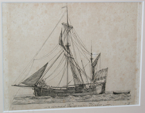 "Een eenmast koopvaardijhoeker", kopergravure door Gerrit Groenewegen, circa 1789
