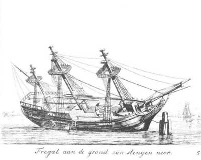 "Fregat aan de grond zyn stengen neer", kopergravure door Gerrit Groenewegen, 1789