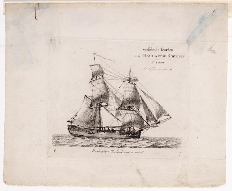 "Barkentyn zeilende van de wind", kopergravure door Gerrit Groenewegen, 1789