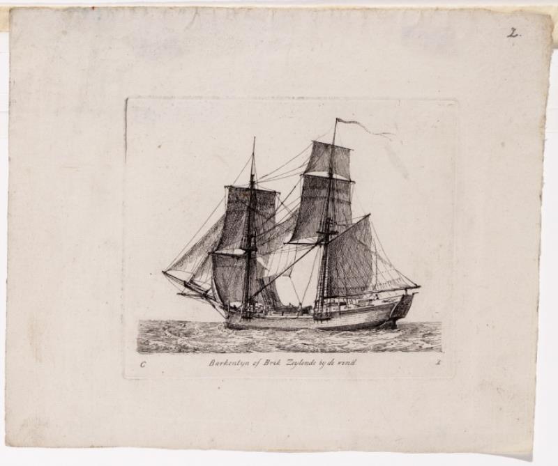 "Barkentyn of brik zeylende bij de wind", kopergravure door Gerrit Groenewegen, 1789