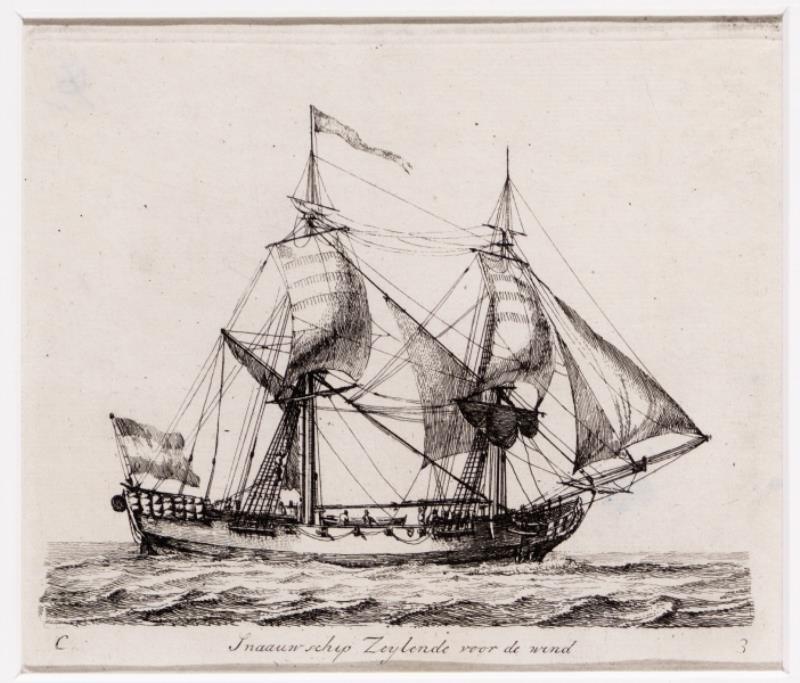 "Snaauwschip zeylende voor de wind", kopergravure door Gerrit Groenewegen, 1789