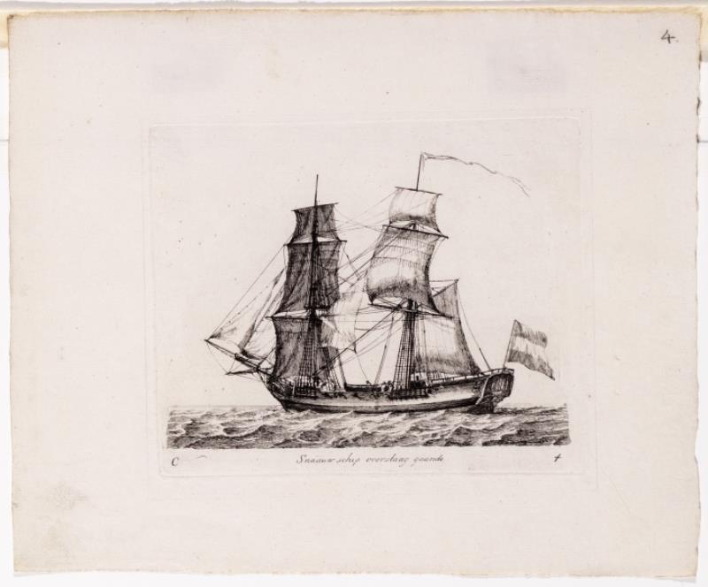 "Snaauwschip overstaag gaande", kopergravure door Gerrit Groenewegen, 1789
