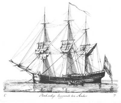 "Pinkschip leggende ten Anker", kopergravure door Gerrit Groenewegen, 1789