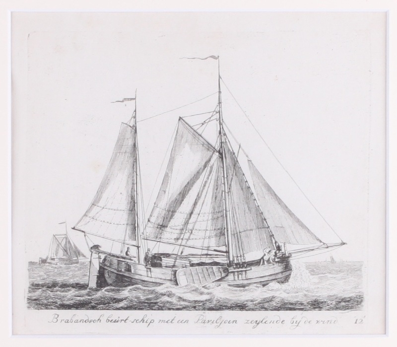 "Brabandsch beurtschip met een Paviljoen zeylende bij de wind", kopergravure door Gerrit Groenewegen, 1801