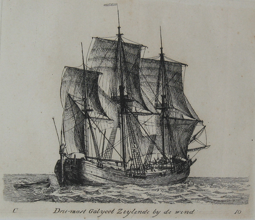 "Driemast galjoot zeylende bij de wind", kopergravure door Gerrit Groenewegen, circa 1789