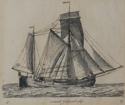 "Eenmast galyootschip", kopergravure door Gerrit Groenewegen, circa 1789