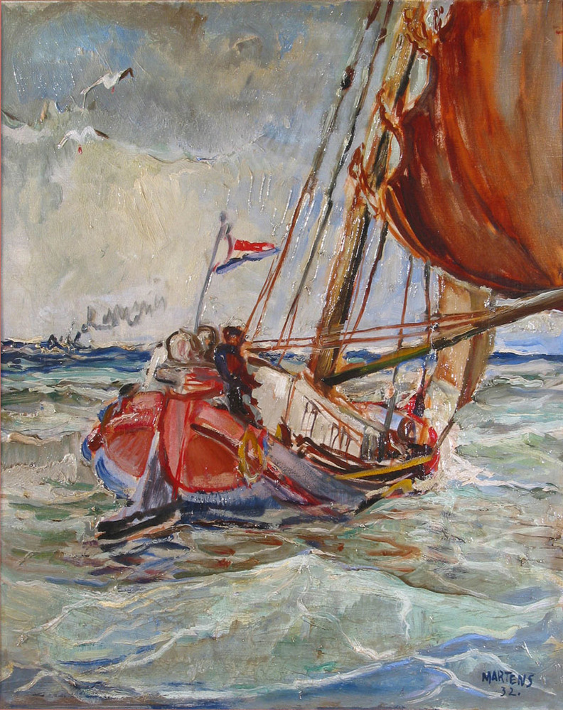 Tjalk 'Alida' op het wad met de Nederlandse vlag aan stok en de schipper aan dek, olieverf op doek door G.G. Martens, 1932