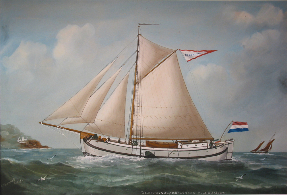 Scheepsportret van de koftjalk Alberdina, aquarel door R. Chappell, 1897