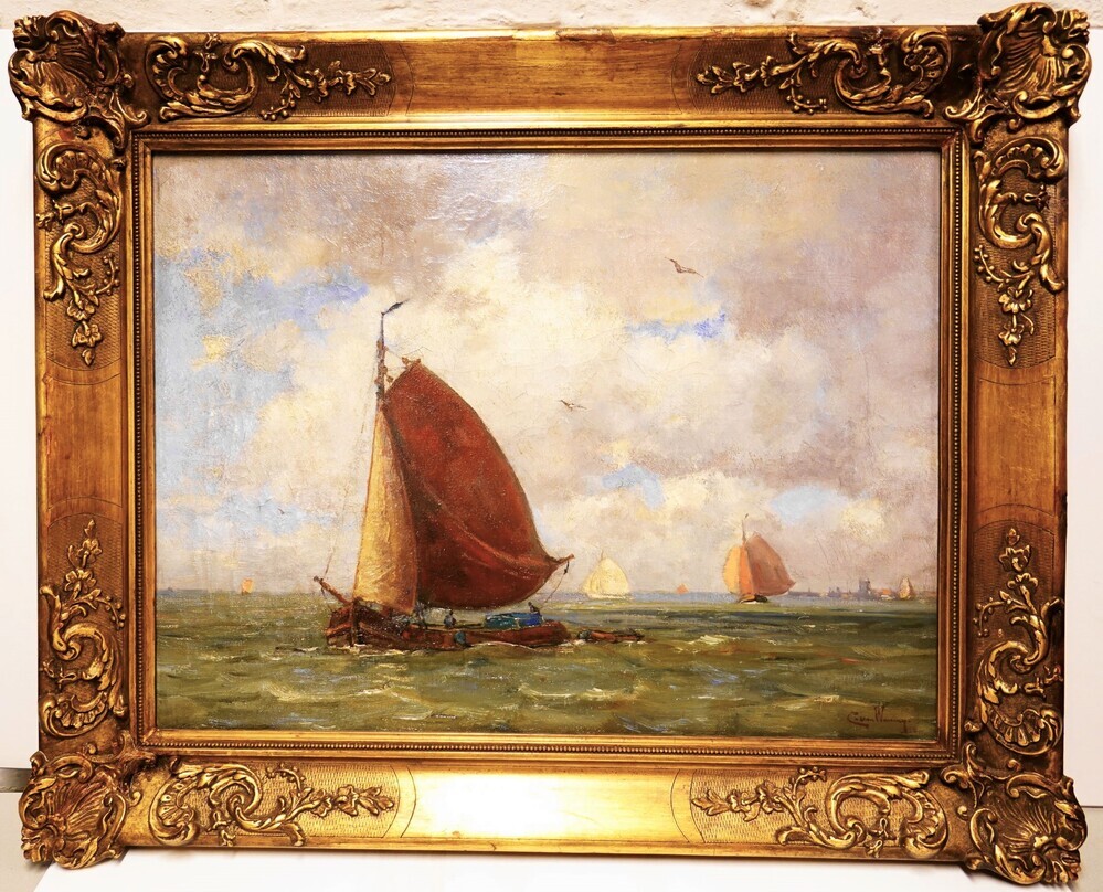 Tjalken op de Zuiderzee, olieverf op doek door C.A. van Waning, 1e helft 20e eeuw.