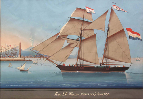 Scheepsportret van twee-mast topzeilschoener Clasina Aidina, anonieme Italiaanse gouache, 1856