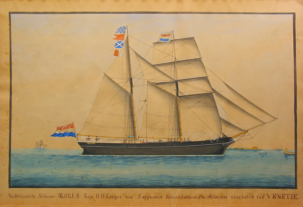 'Nederlandsche schooner Aeolus, kapt. H.H. Kemper van Sappemeer binnen koomend te Alberoni voorhaven van Venetie', aquarel door een onbekende Italiaanse kunstenaar, tweede helft 19e eeuw