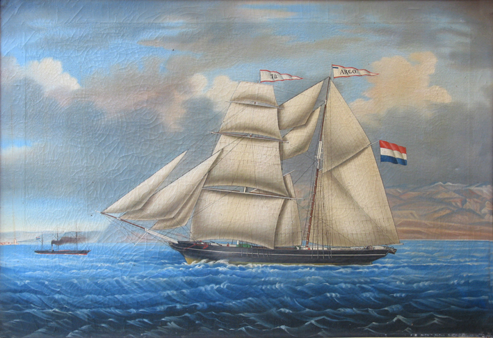 Topzeilschoener 'Argo', olieverf op doek door een onbekende Napolitaanse schilder, 1870.