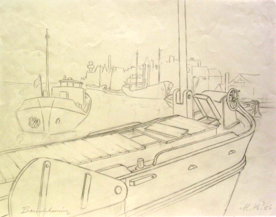 Oosterhaven Groningen, potloodtekening, M. Klompien, 1956