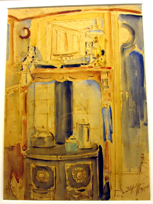 Detail uit de roef van de Alida, aquarel door A. Wigboldus uit 1956