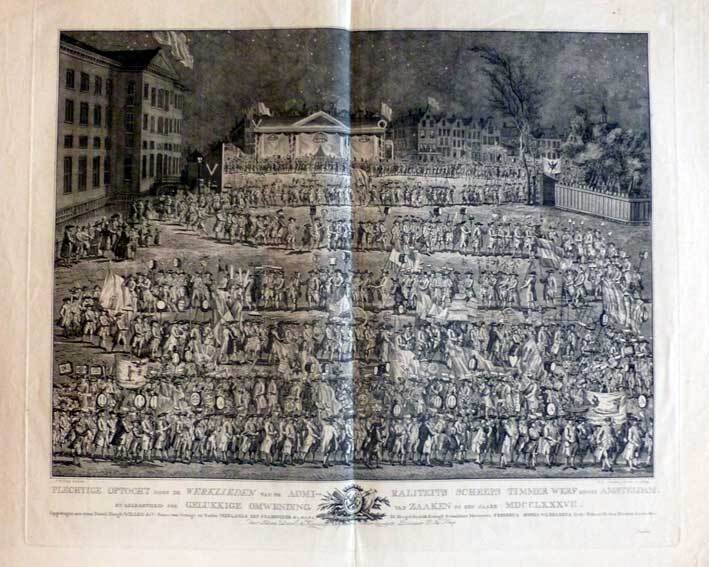 Plechtige optocht door de werklieden van de Admiraliteits scheeps timmer werf binnen Amsterdam by de gelegenheid der gelukkige omwending van zaaken in den jaare MDCCXXXVII, prent door J.H. Trop, 1787