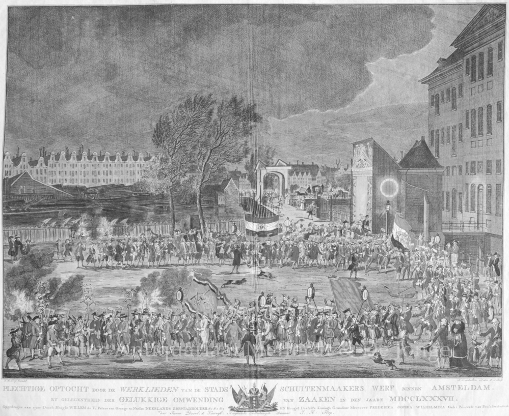 Plechtige optocht door de werklieden van de stads schuitenmaakers werf binnn Amsterdam by de gelegenheid der gelukkige omwending van zaaken in den jaare MDCCLXXXVII, prent door J.H. Trop, 1787
