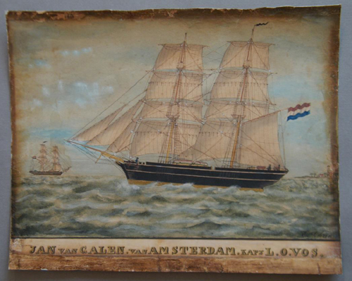 Scheepsportret "Jan van Galen. van Amsterdam. Kapt. L.O.Vos", ingekleurde pentekening door E. Schuur, 2e helft 19e eeuw