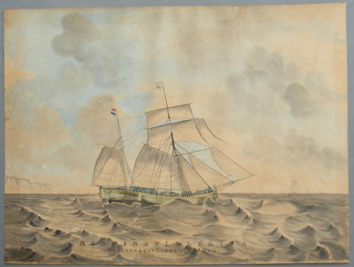 Scheepsportret van het kofschip 'Margina Willemina. Gevoerd door kappityn L.O. Vos', aquarel door J. Jordan, midden 19e eeuw