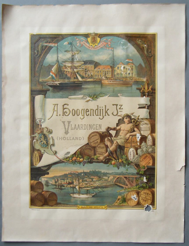 Affiche "A. Hoogendijk Jz Vlaardingen (Holland)", met daarop afgebeeld de haven van Vlaardingen, de haven van Oporto en Bacchus, ca. 1880-1900