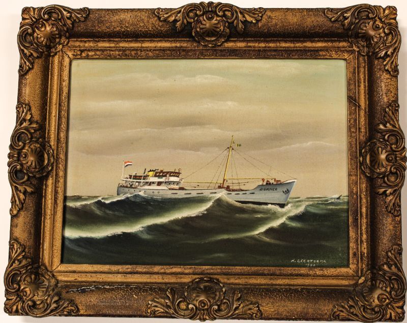 Scheepsportret van de kustvaarder 'Borneo', olieverf op doek door H. Geertsma, 1950.